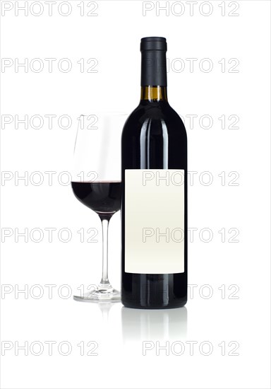 Wine glass and bottle with blank label ready for graphic and text isolated on white