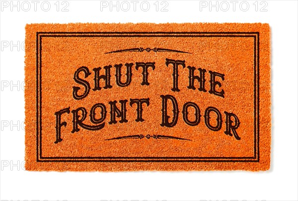 Shut the front door halloween orange welcome mat isolated on white background