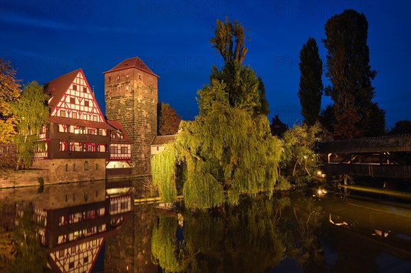 Nuremberg city houses on riverside of Pegnitz river from Maxbrucke