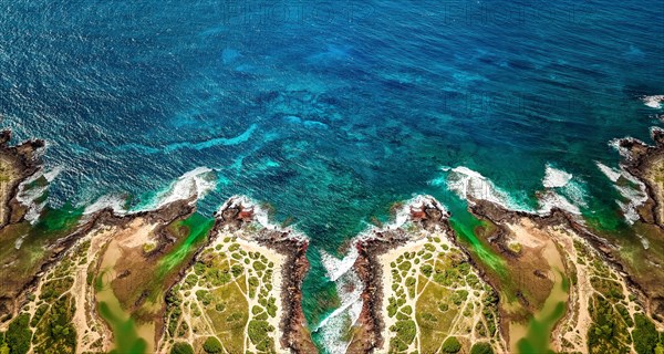 Aerial view of ocean waves and fantastic rocky shoreline