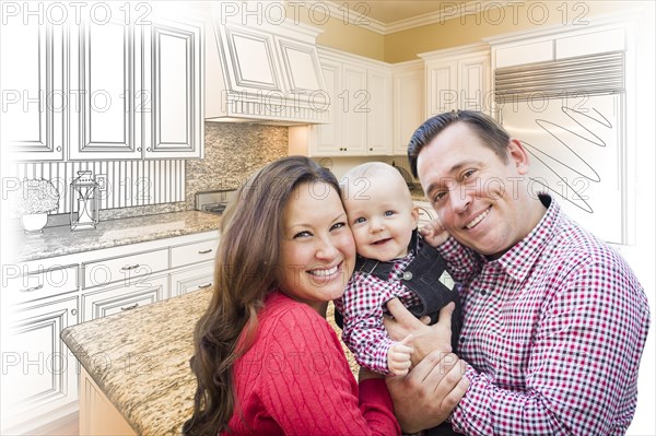 Happy young family over custom kitchen design drawing and photo combination