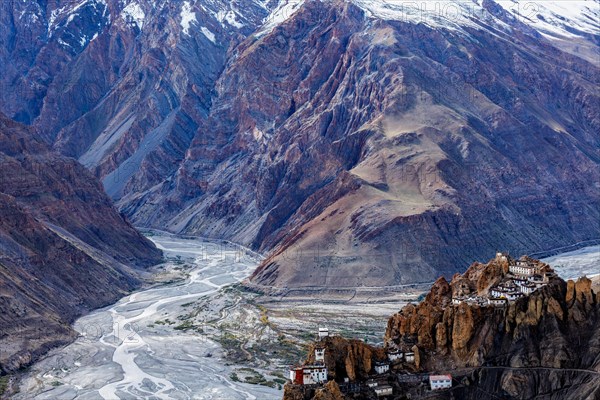 Famous indian tourist landmark Dhankar monastry perched on a cliff in Himalayas