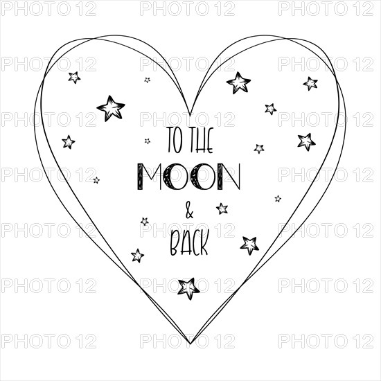 Romantic quote love you to the moon and back minimalistic sketch lettering composition. Hand drawn typography design with heart