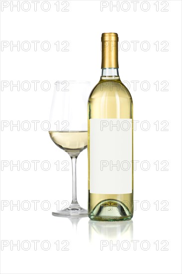 Wine glass and bottle with blank label ready for graphic and text isolated on white