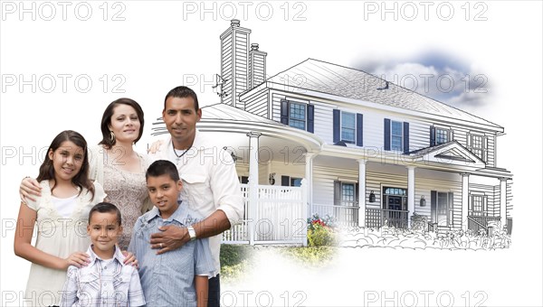 Young hispanic family over house drawing and photo combination on white