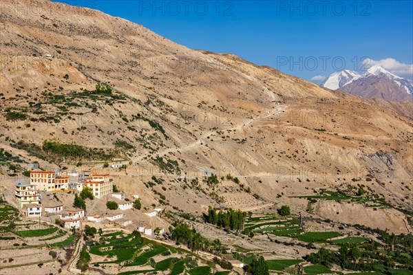 New Dhankar gompa monastery and Dhankar village on sunset