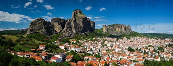 View of scenery landscape and Kalambaka village in famous greek tourist destination Meteora in Greece