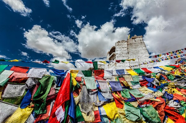 Ruins of Victory Fort Tsemo on the cliff of Namgyal hill and colorful Buddhist prayer flags with Buddhism mantra written on them. Leh