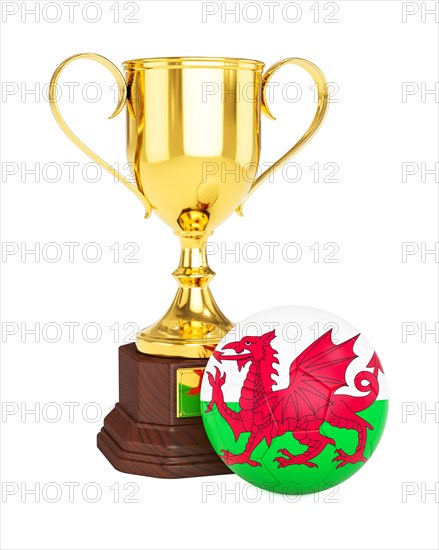 3d rendering of gold trophy cup and soccer football ball with Wales flag isolated on white background