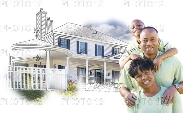 Happy african american family over house drawing and photo combination on white