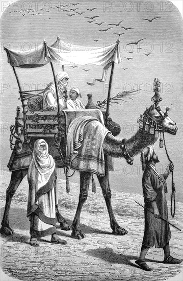 Women travelling on a camel through the desert
