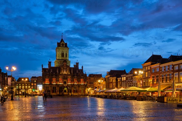 Delft City Hall and Delft Market Square Markt in the evening. Delfth
