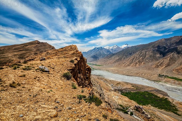 Aerial view of Spiti valley and Key aka Ki gompa Buddhist monastery in Himalayas