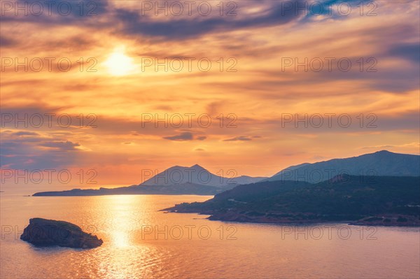 Aegean Sea with Greek islands view on sunset