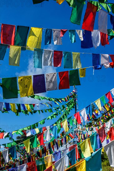 Buddhist prayer flags lungta with Om Mani Padme Hum Buddhist mantra prayer meaning Praise to the Jewel in the Lotus on kora around Tsuglagkhang complex