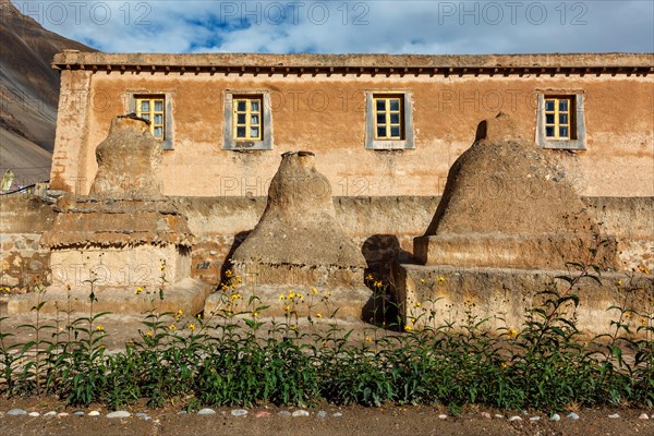 Buddhist Tabo monastery building and gompas made of clay in Tabo village Spiti Valley