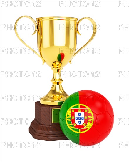 3d rendering of gold trophy cup and soccer football ball with Portugal flag isolated on white background