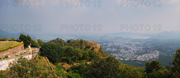 Aerial panorama of Udaipur with Lake Pichola and hills scenery