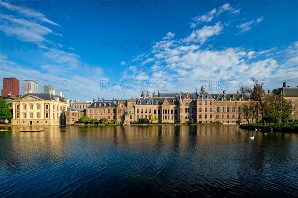 View of the Binnenhof House of Parliament and Mauritshuis museum and the Hofvijver lake