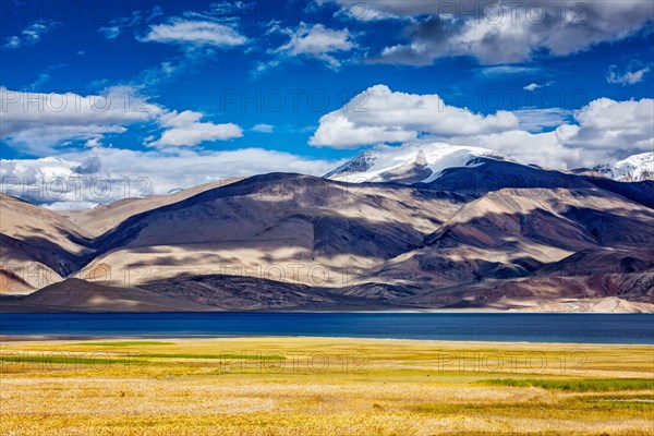 Himalayan mountain lake Tso Moriri in Himalayas. Korzok