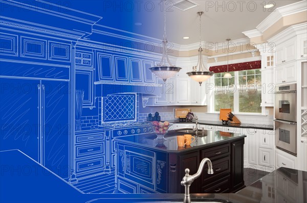 Kitchen blueprint drawing gradating into finished build