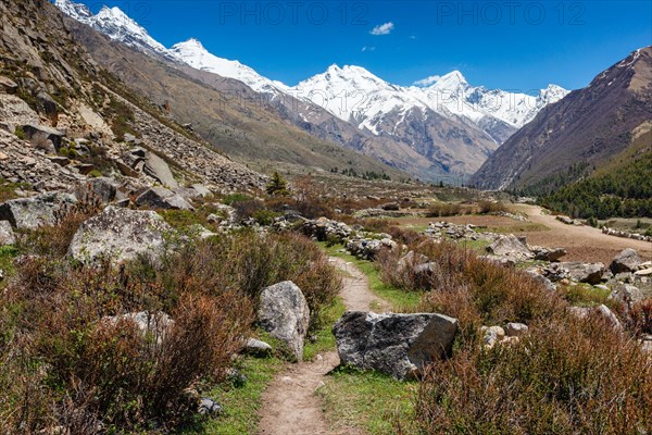 Old trade route in Himalaya surrounded with stones to Tibet from Chitkul village from Sangla Valley. Himachal Pradesh