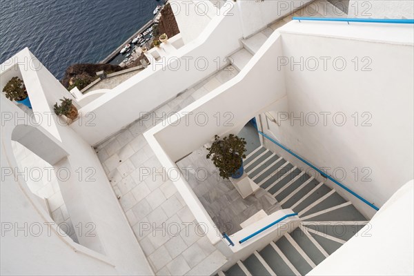 Beautiful white stairs of buildings in santorini Greece