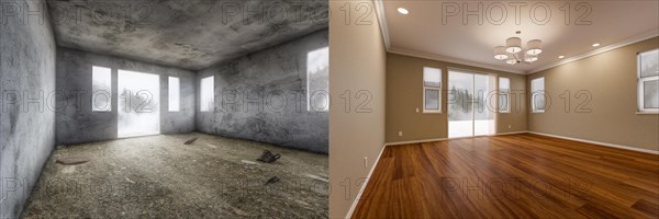 Before and after of unfinished raw and newly remodeled room of house with finished wood floors