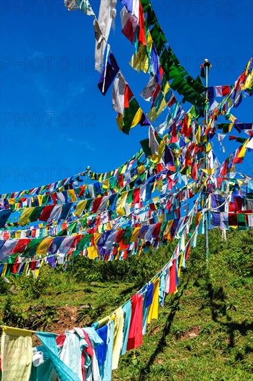 Buddhist prayer flags lungta with Om Mani Padme Hum Buddhist mantra prayer meaning Praise to the Jewel in the Lotus on kora around Tsuglagkhang complex