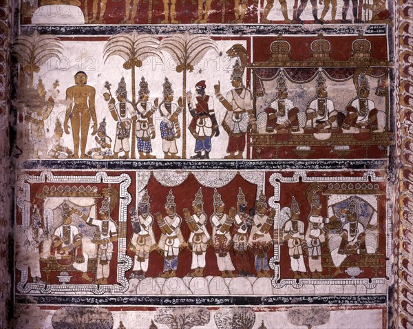 17th century murals on ceiling in Digambar Jain temple at Tirupparuttikunram