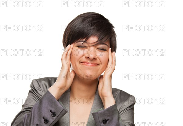 Grimacing biracial girl holding her head with her hands isolated against white background