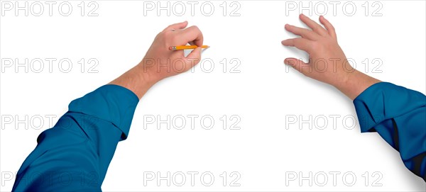 Male hands sketching with pencil on white