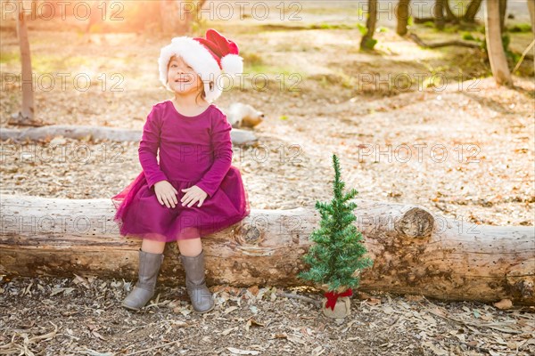 Cute mixed-race young baby girl having fun with santa hat and christmas tree outdoors on log