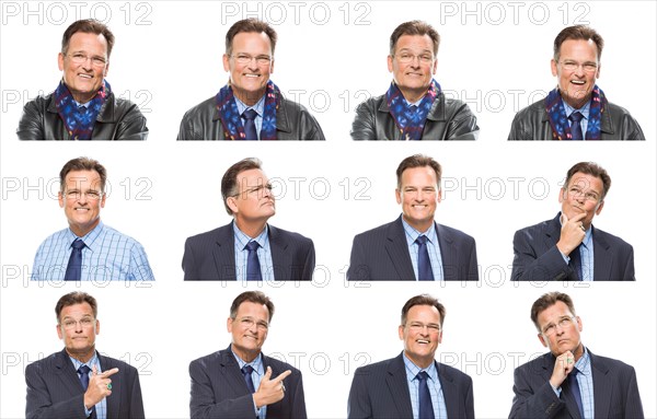 Set of handsome mixed-race middle aged businessman with a variety of expressions isolated on white