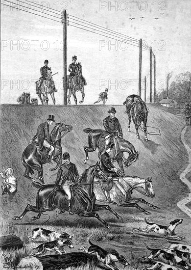 Foxhunt with horses and hounds in England in 1870