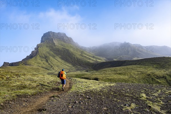 Hikers on trail through moss-covered mountain landscape