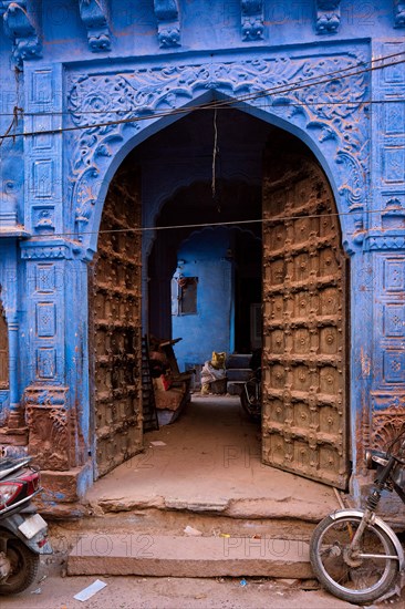 Blue house facade in streets of of Jodhpur