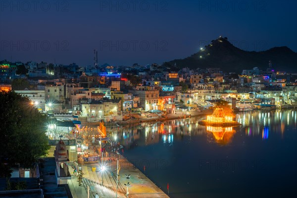 View of famous indian hinduism pilgrimage town sacred holy hindu religious city Pushkar with Brahma temple