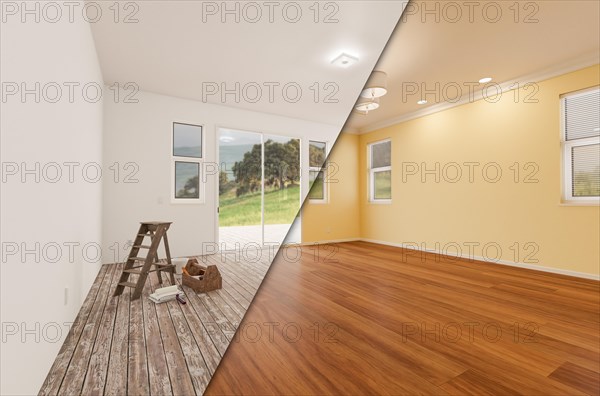 Unfinished raw and newly remodeled room of house before and after with wood floors