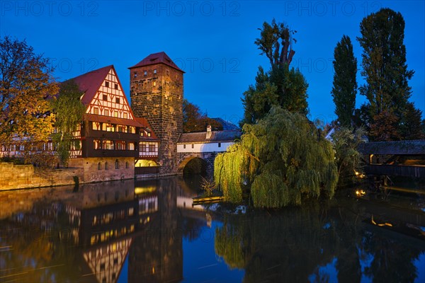 Nuernberg city houses on riverside of Pegnitz river from Maxbrucke