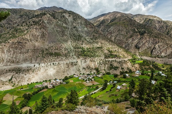 Lahaul valley with small mountain village in Himalayas. Himachal Pradesh