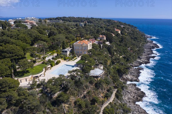 Aerial view of the Villa Del Mare estate at Cap Martin with pool and helipad