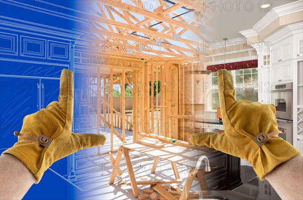 Framing hands with gloves over kitchen drawing