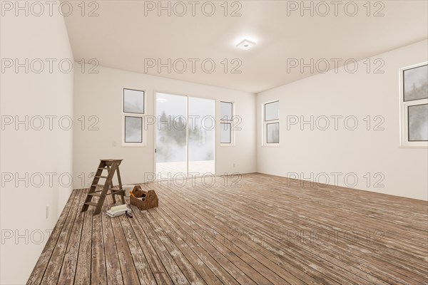 Ladder and painting equipment in raw unfinished room of house with blank white walls and worn wood floors