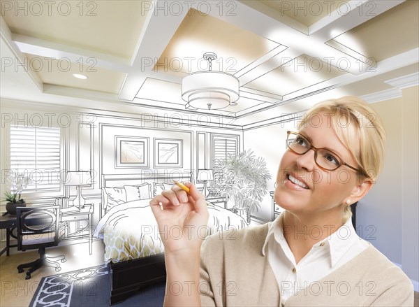 Creative woman with pencil over custom bedroom design drawing and photo combination