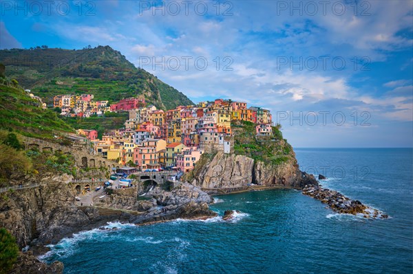 Famous italian landmark Manarola village popular european italian tourist destination in Cinque Terre National Park UNESCO World Heritage Site