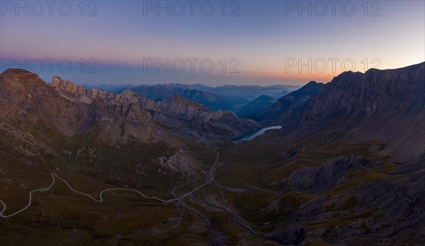 Aerial view of the Sanetsch Pass road and Lake Sanetsch