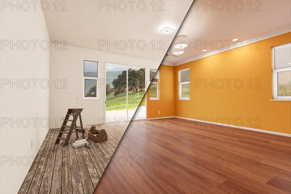 Unfinished raw and newly remodeled room of house before and after with wood floors