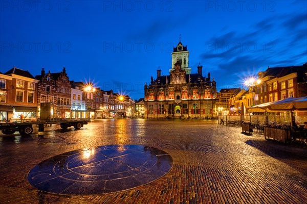 Delft City Hall and Delft Market Square Markt in the evening. Delft