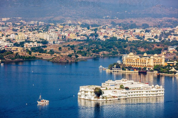 Aerial view of Lake Pichola with Lake Palace